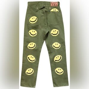 Olive Green Smiley Face Jogger Pants - Yellow Smile Patches